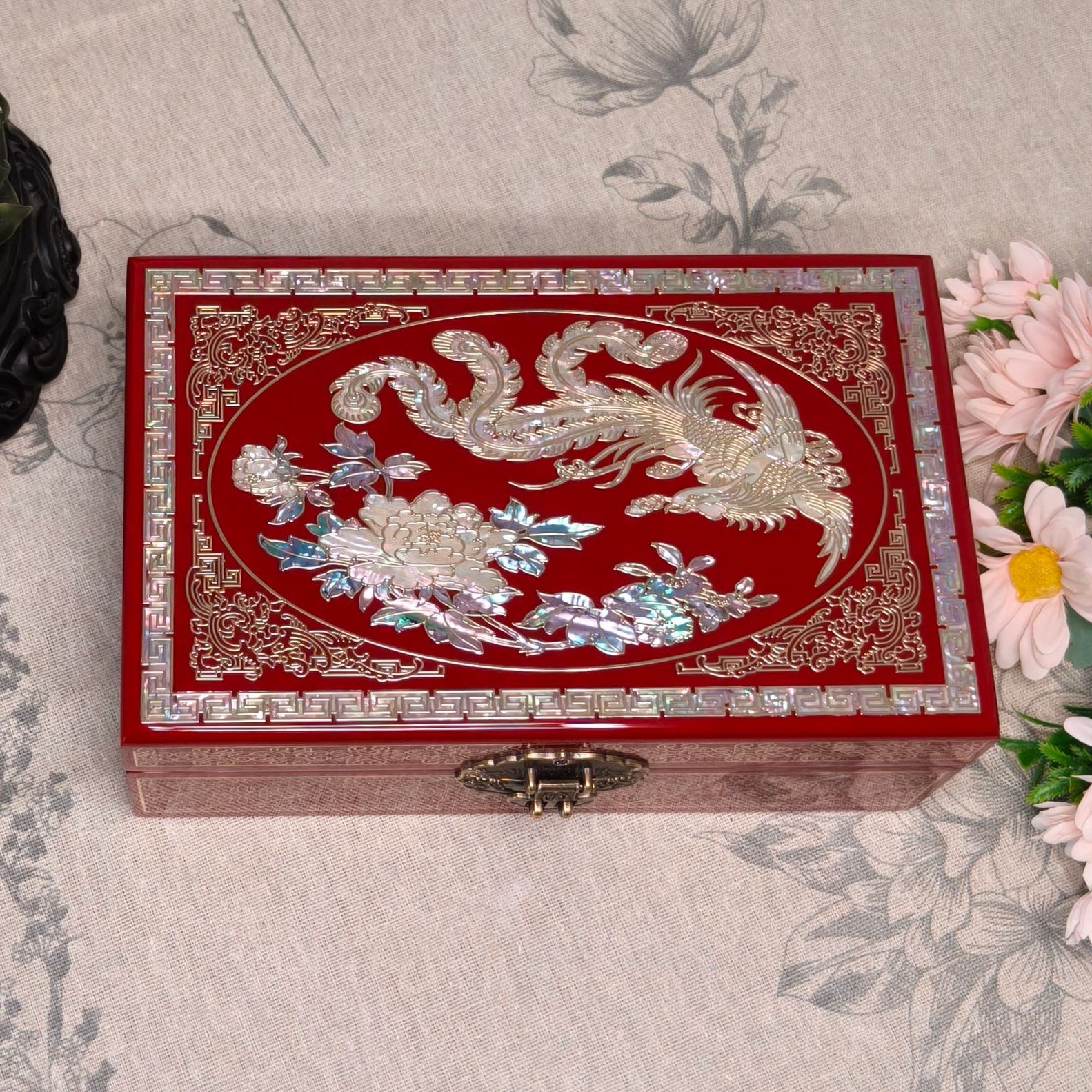 首饰盒/箱 钢琴漆螺钿铜丝镶嵌首饰盒结婚新中式嫁妆收纳顺丰发货