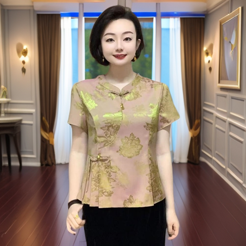 422短袖中年妈妈春夏套头新中式真丝衬衫新款中老年夏季气质上衣