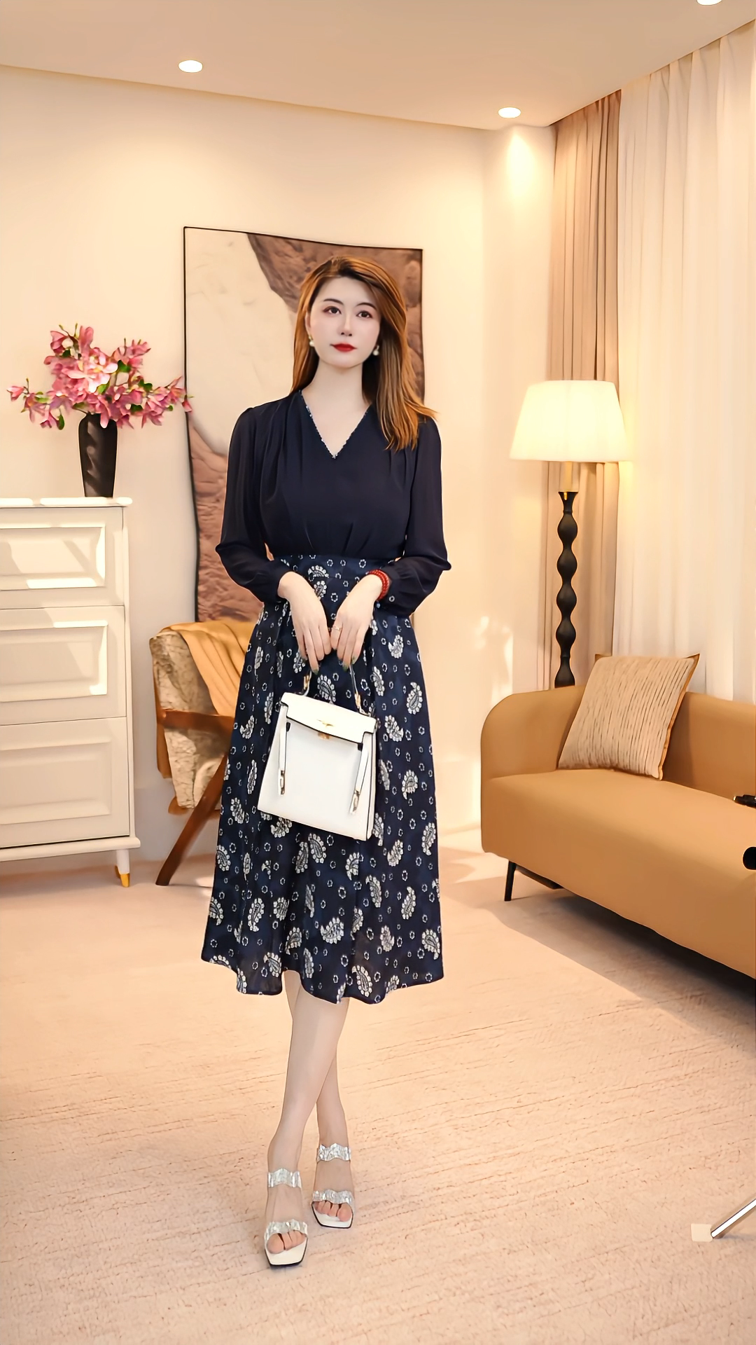 碎花长袖拼接X型裙假两件连衣裙时尚印花显瘦收腰 86038