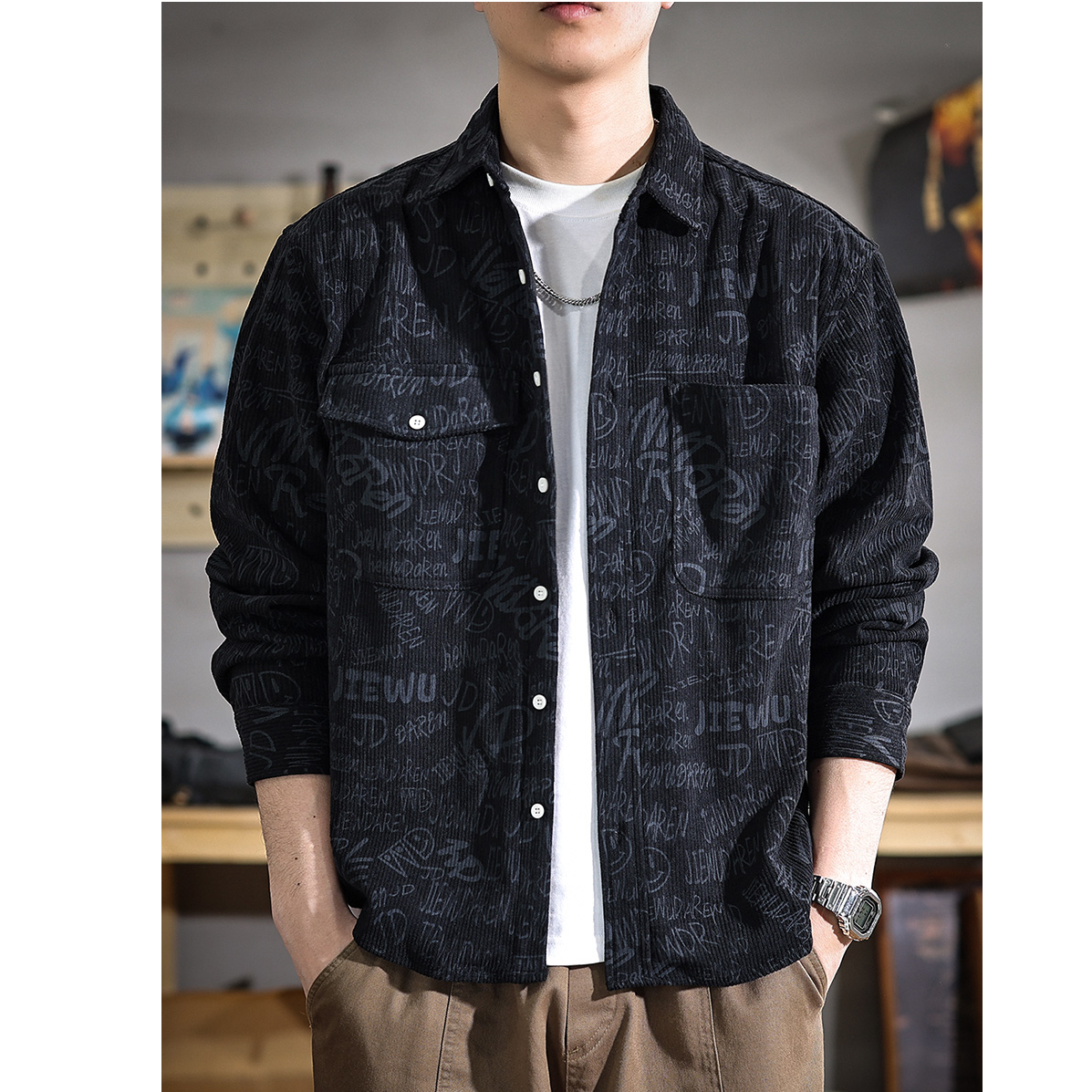 怀勤桑顿春秋季黑色长袖男士衬衫美式潮牌印花翻领休闲衬衣外套