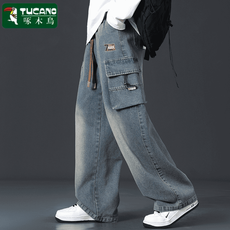 啄木鳥工装牛仔裤子男士春秋季新款潮牌宽松直筒阔腿高街休闲长裤