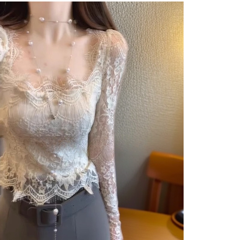 纯欲辣妹性感方领蕾丝打底衫女春季新款内搭外穿修身显瘦长袖上衣