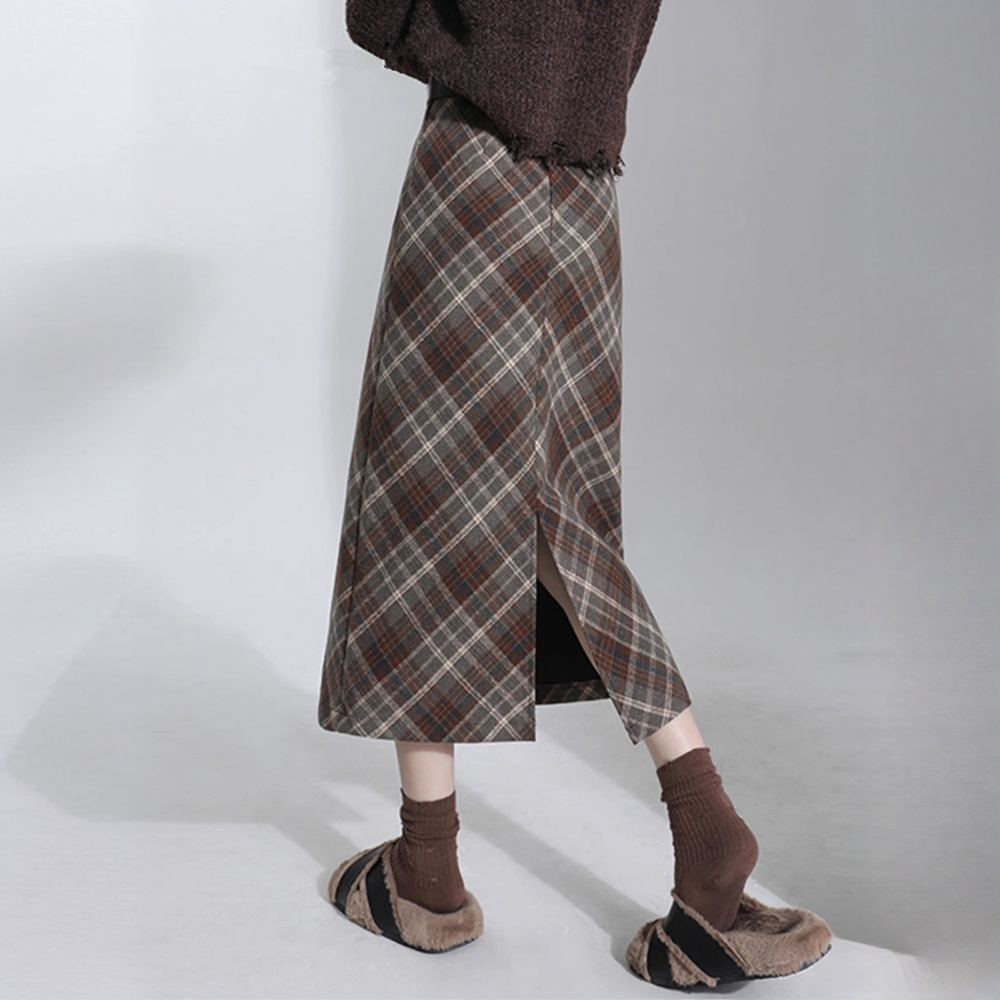秋冬毛呢格子半身裙中长款高腰显瘦开叉一步裙直筒百搭a字包臀裙