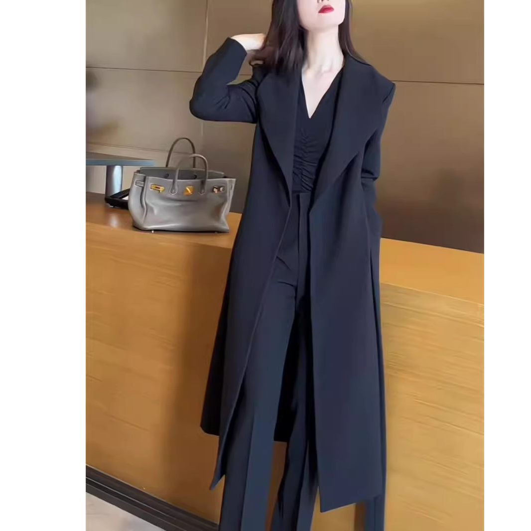 大码女网红爆款高级感风衣外套胖mm洋气修身显瘦长款系带西装大衣