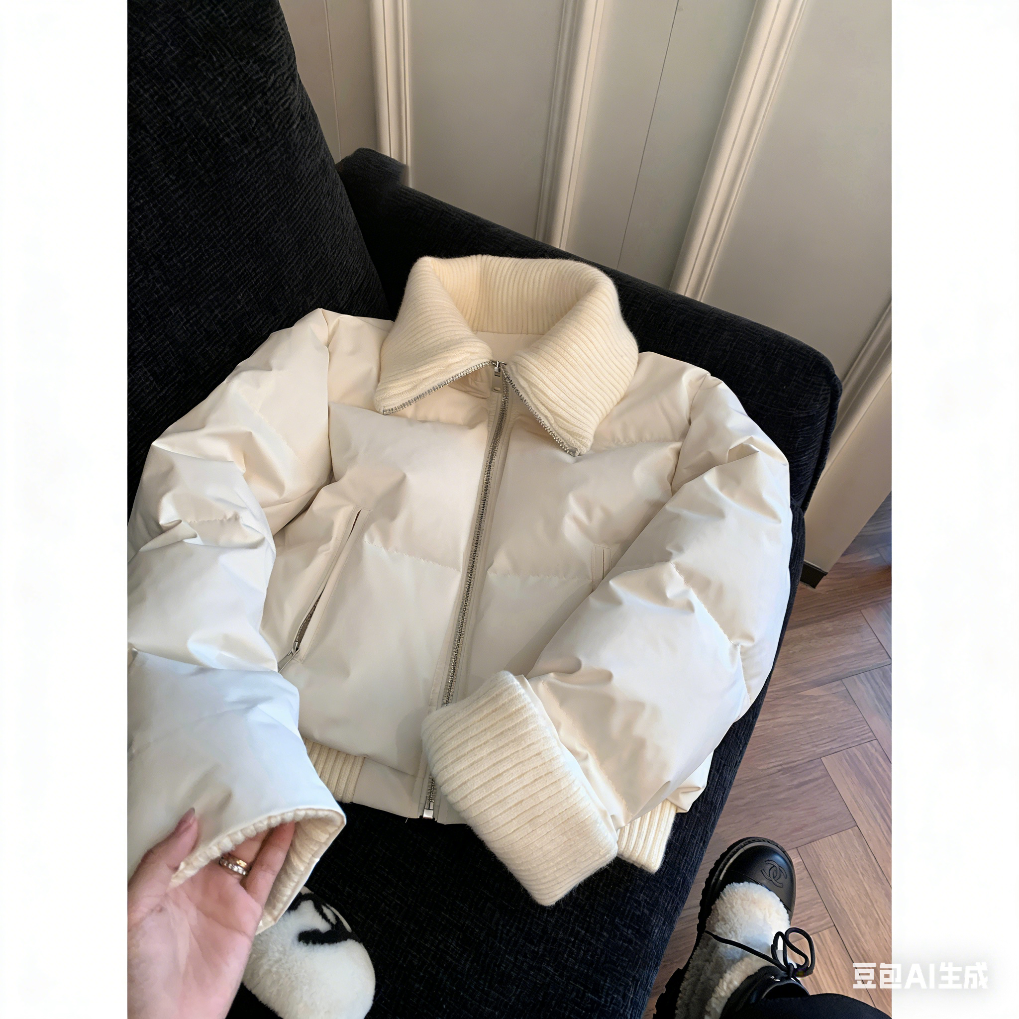 小香风针织拼接翻立领短款棉服外套女冬季2025新款设计感防风棉衣