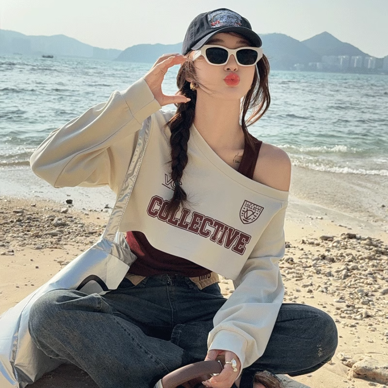 杏色修身斜肩长袖T恤女2025春夏季新款卫衣吊带两件套装露肩上衣