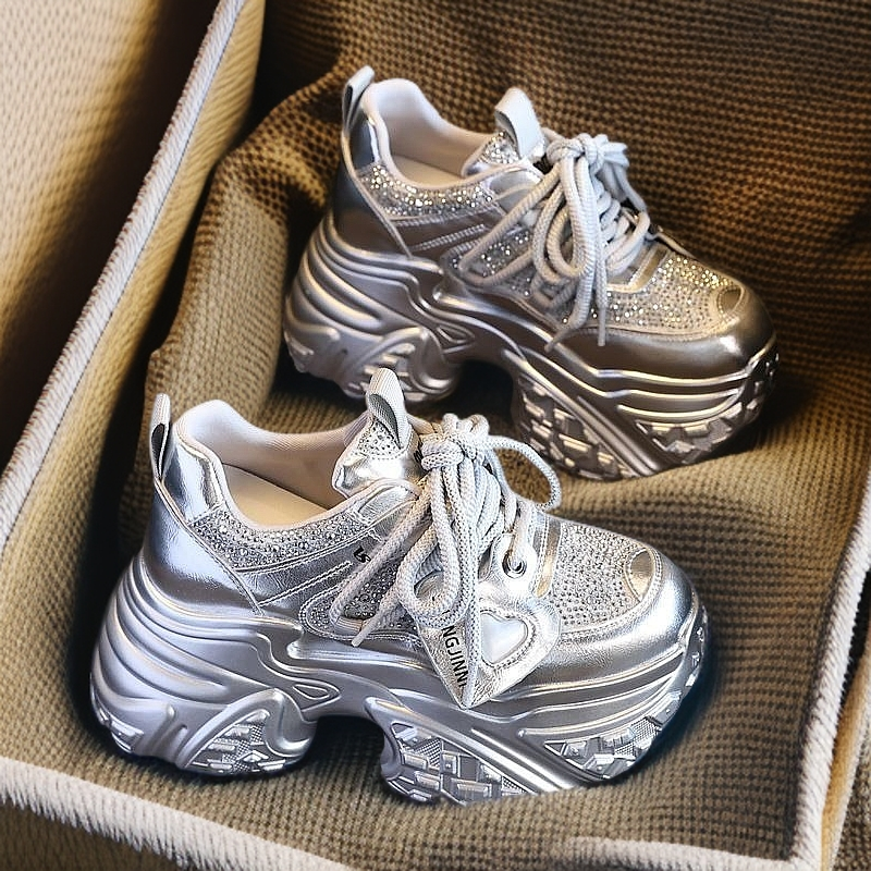 新款流行女鞋银色2025内增高厚底老爹运动春季真皮防水防滑百搭超