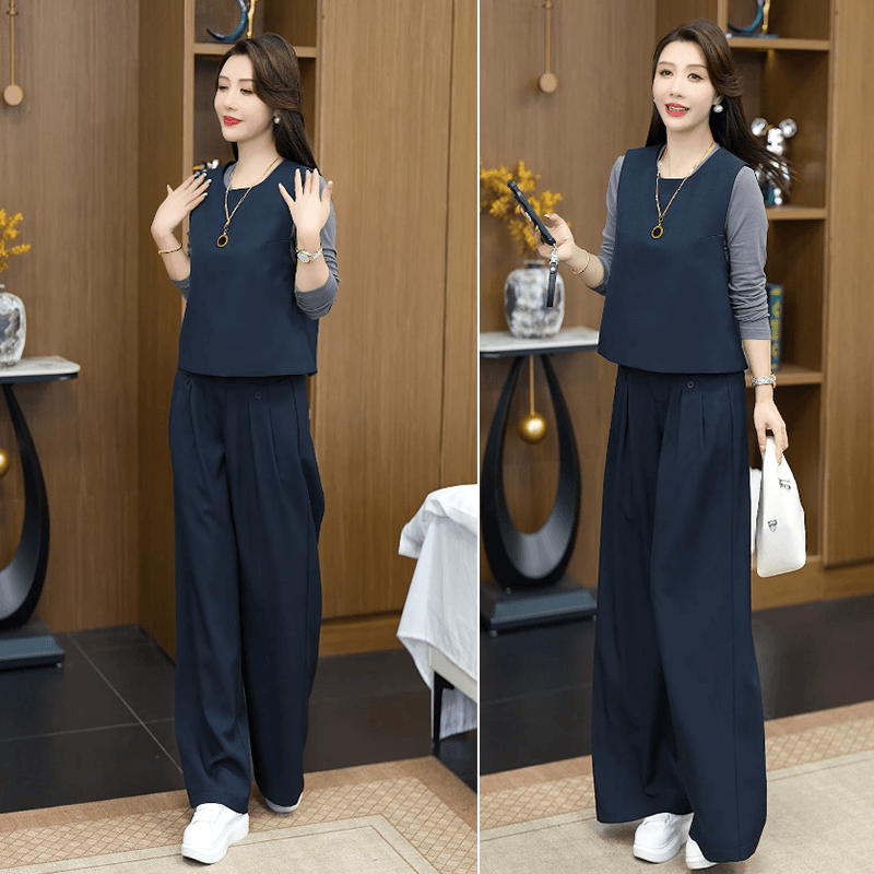 2025年秋季女无袖马甲打底衫阔腿裤三件套女士高级感时尚套装通勤
