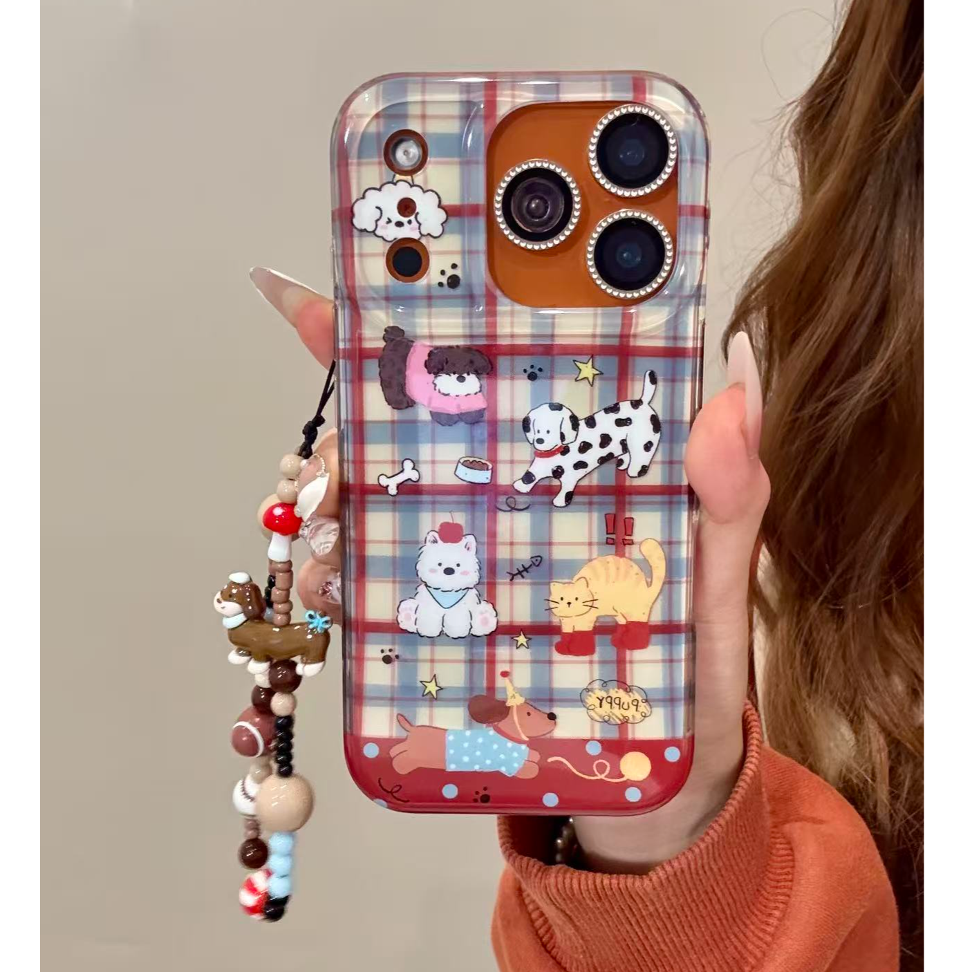 红蓝格纹腊肠小狗手机壳适用iphone17promax苹果16防摔早秋卡通