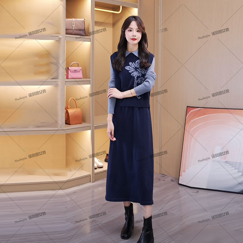 nuobeiyin/诺贝因秋冬款打底针织连衣裙子洋气套装两件套 AMM1889