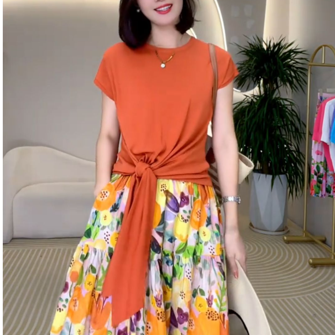 [工厂直销套装]夏季新款小众多巴胺系带短袖碎花半身裙99414+Q238