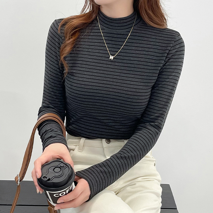 条纹打底衫微米绒保暖打底秋冬加绒长袖秋季显瘦百搭