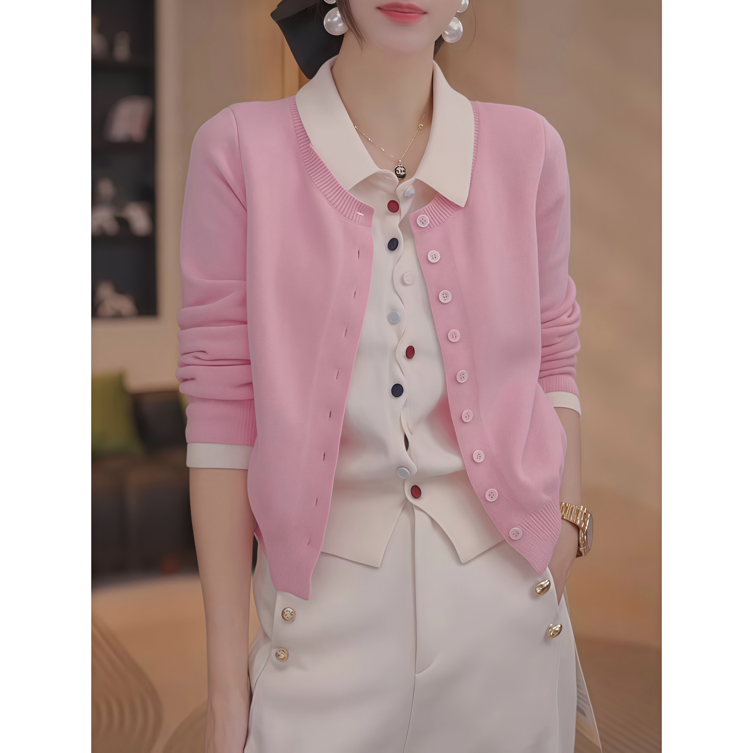 粉色假两件撞色针织衫女春秋新款时尚减龄彩色扣洋气独特设计衣服