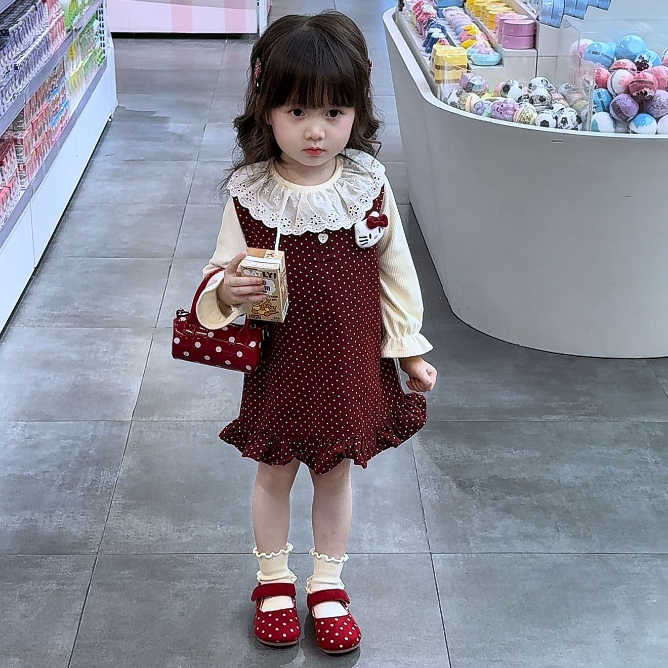 女童秋季新款套装洋气女宝宝波点吊带裙花边领打底衫两件套