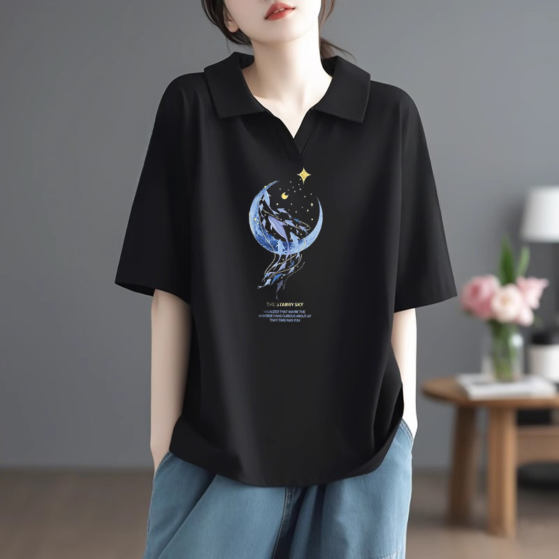欧货纯棉POLO领黑色短袖t恤女夏2025新款宽松显瘦正肩打底衫ins潮