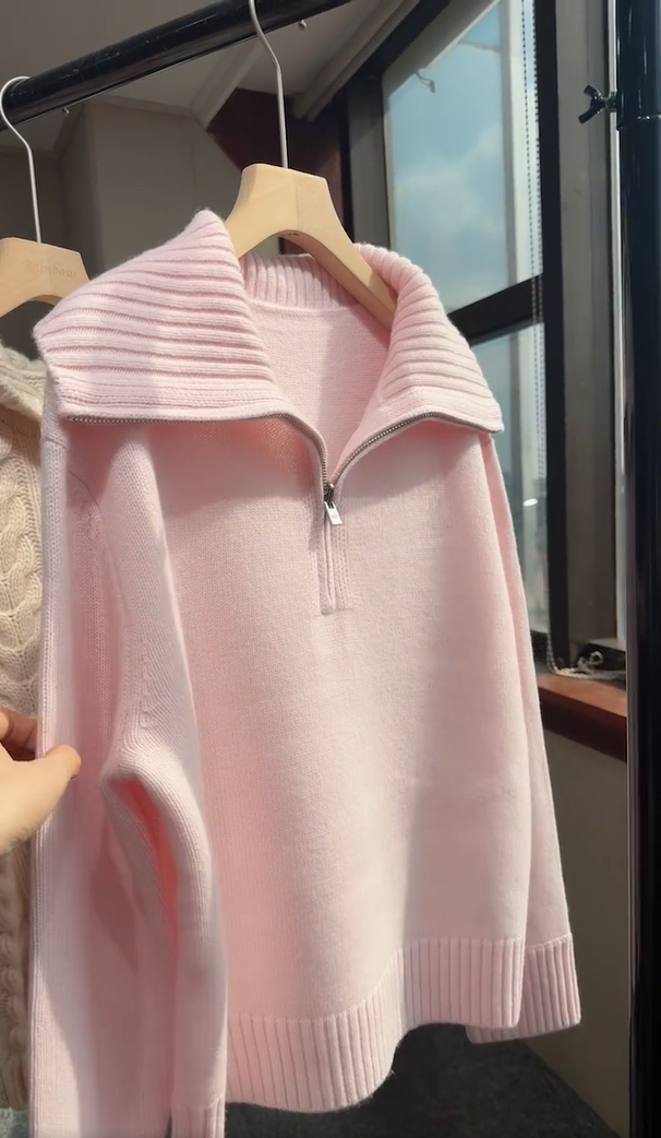 百搭温柔风少女感减龄显瘦休闲通勤风翻领半拉链粉色毛衣女2025冬
