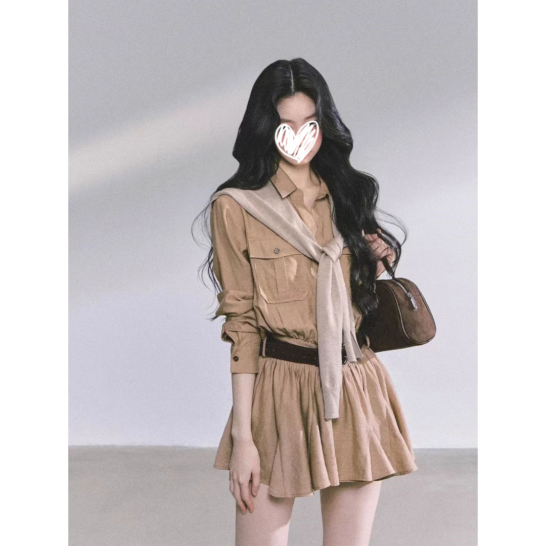 高智巴恩风高级感赫本风工装连衣裙子收腰显瘦蓬蓬裙子新款女装潮