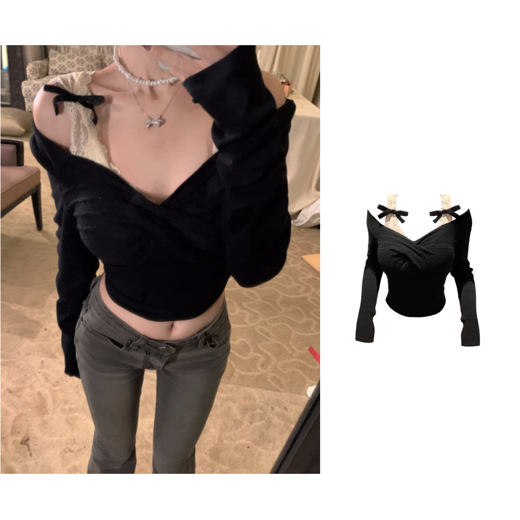 甜辣风蝴蝶结假两件长袖t恤女装秋冬修身显瘦洋气法式小众v领上衣