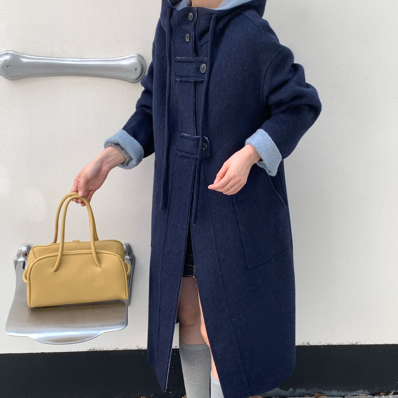 JIALENI佳乐妮撞色连帽飘带长款羊毛双面呢外套8536