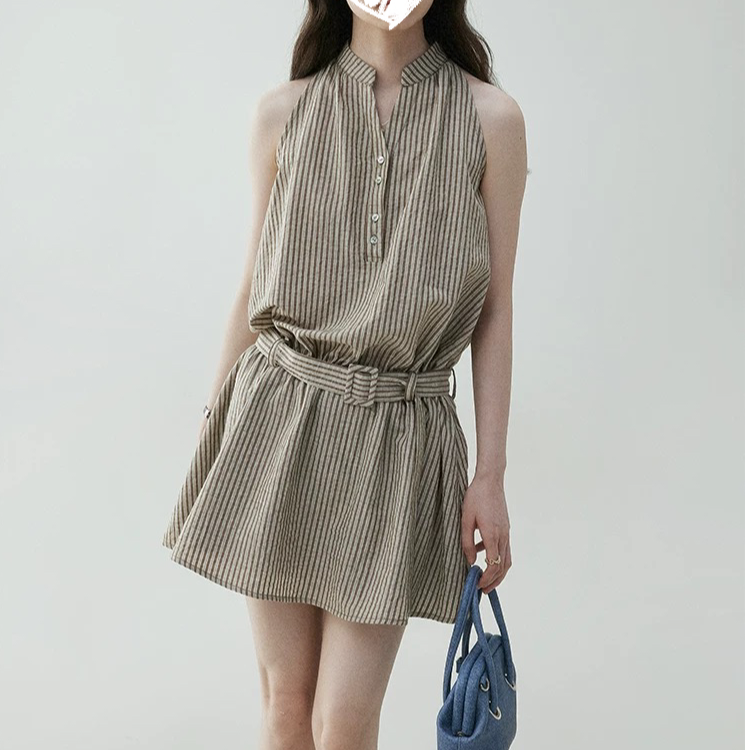 FCYSTUIDOHZJ法式条纹挂脖露肩腰带短裙女夏季撞色显瘦连衣裙短裙