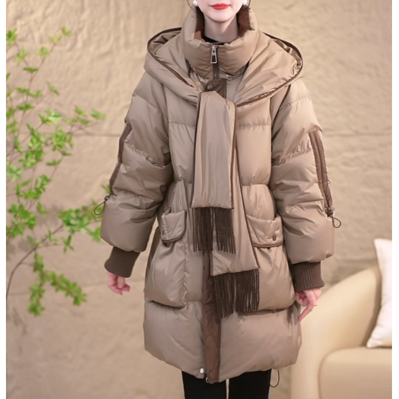 冬季设计感围巾连帽羽绒服优雅减龄宽松大码时尚中长款保暖防寒服