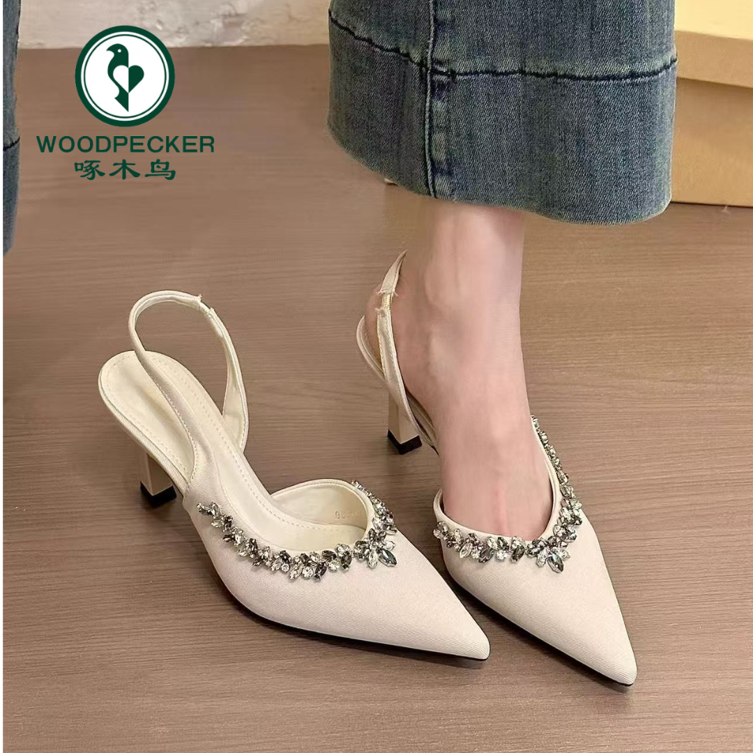 woodpecker/啄木鸟titing紫兰美人！气质尖头水钻凉鞋女春高跟单鞋