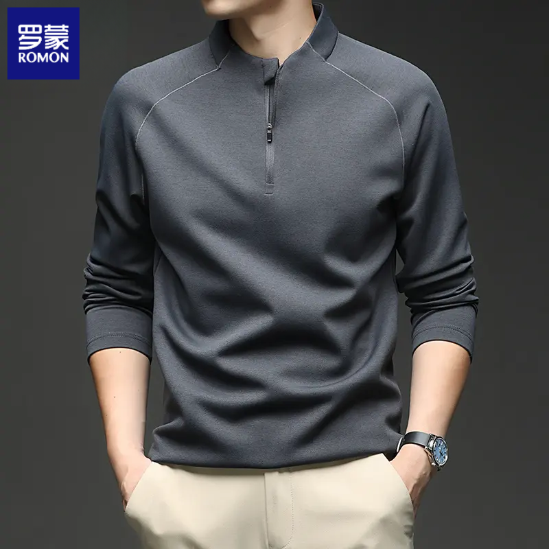 罗蒙春秋季新款男士半高拉链卫衣纯色亨利领T恤打底休闲时尚t恤男