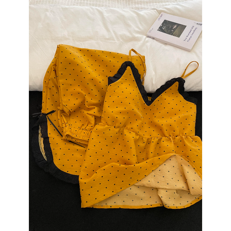 少女甜美风带胸垫波点吊带睡衣套装女款夏季新款长裤花边家居服