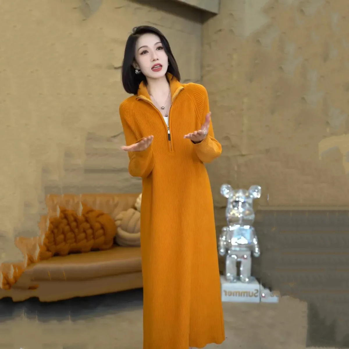 高级感超好看拉链领中长款毛衣裙过膝内搭针织连衣裙女秋冬配大衣