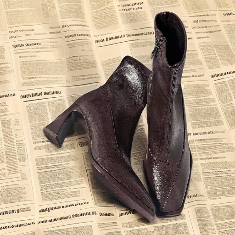 羊皮版百搭方头秋冬高跟鞋真皮高跟女靴黑色马丁靴细跟韩版时装靴