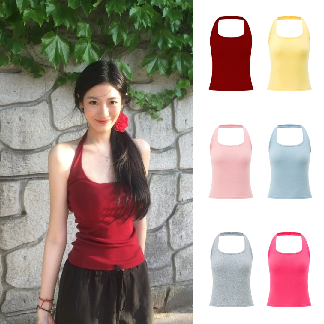 【9色可入】纯欲风辣妹红色u领挂脖吊带背心女夏季修身显瘦短款上衣