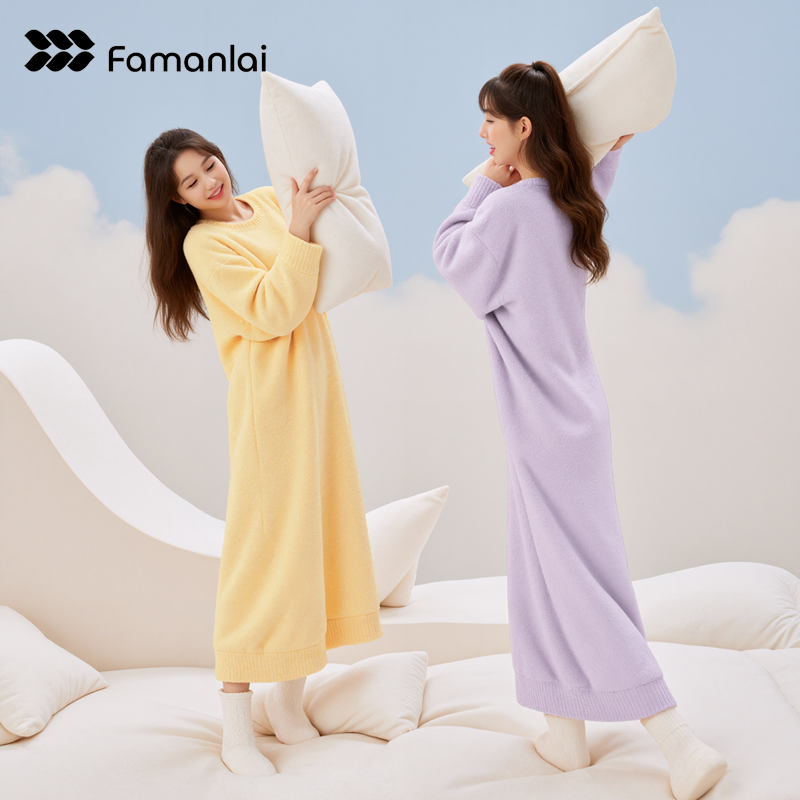 珊瑚绒睡衣女款秋冬季2025新款长款半边绒睡裙加绒加厚大码家居服