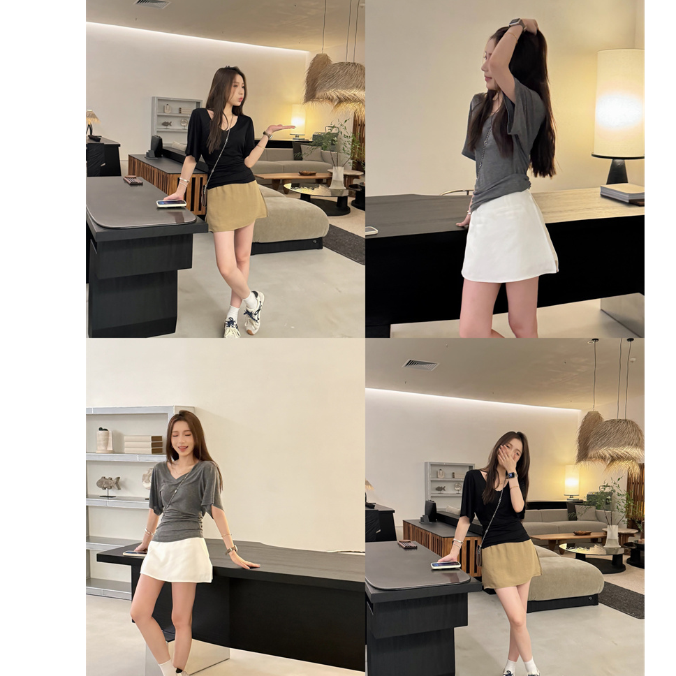 YPP！【慵懒姐姐】天丝羊毛显瘦气质慵懒风宽松V领收腰上衣T恤