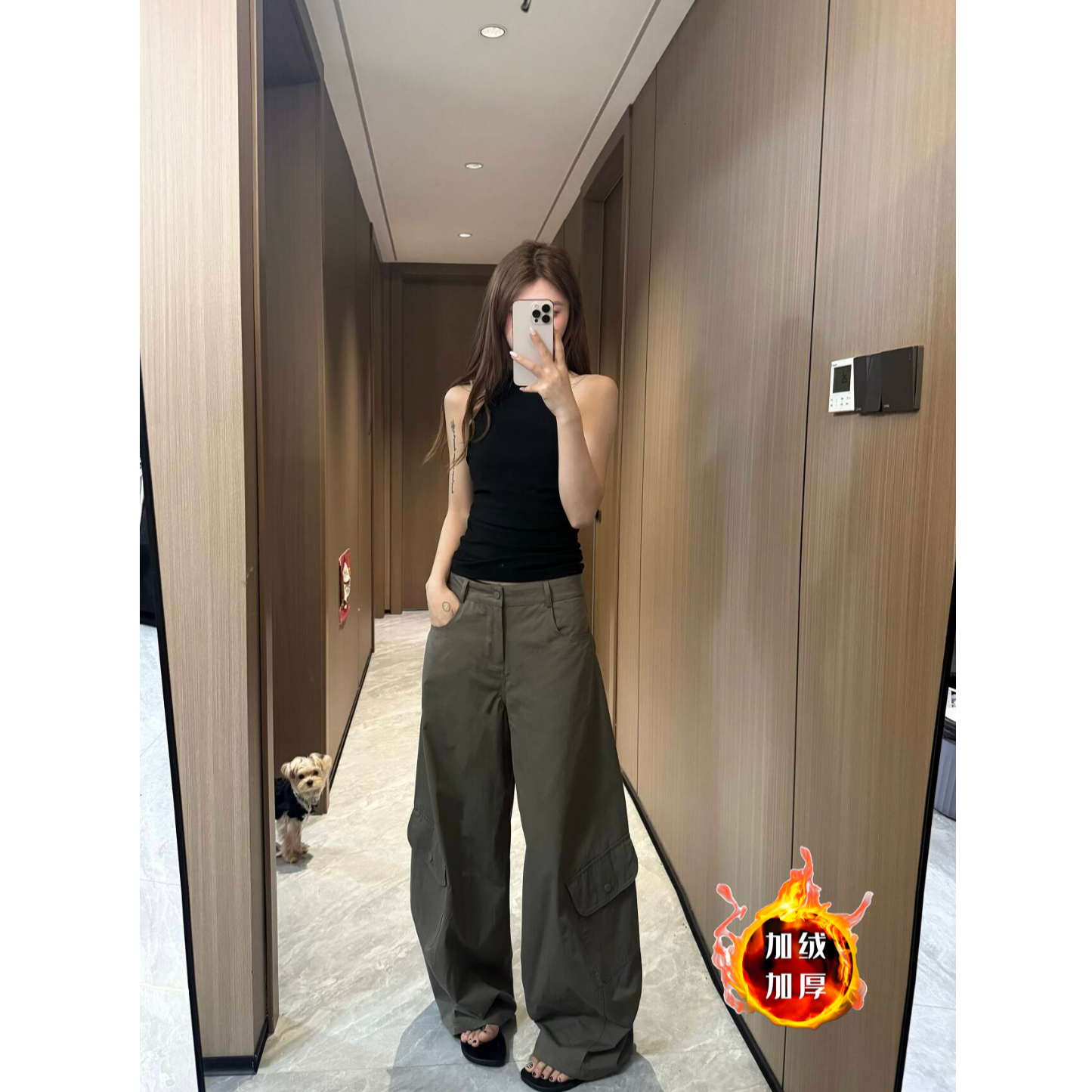 加绒加厚绿色工装裤女秋冬美式辣妹休闲裤宽松百搭阔腿裤拖地裤子