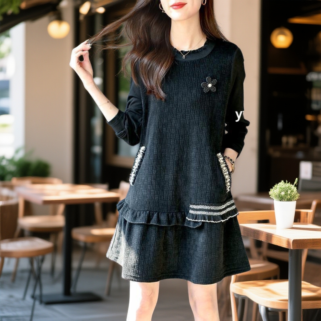 遮肉显瘦妹妹冬季慵懒风加厚保暖大码宽松气质连衣裙秋季通勤