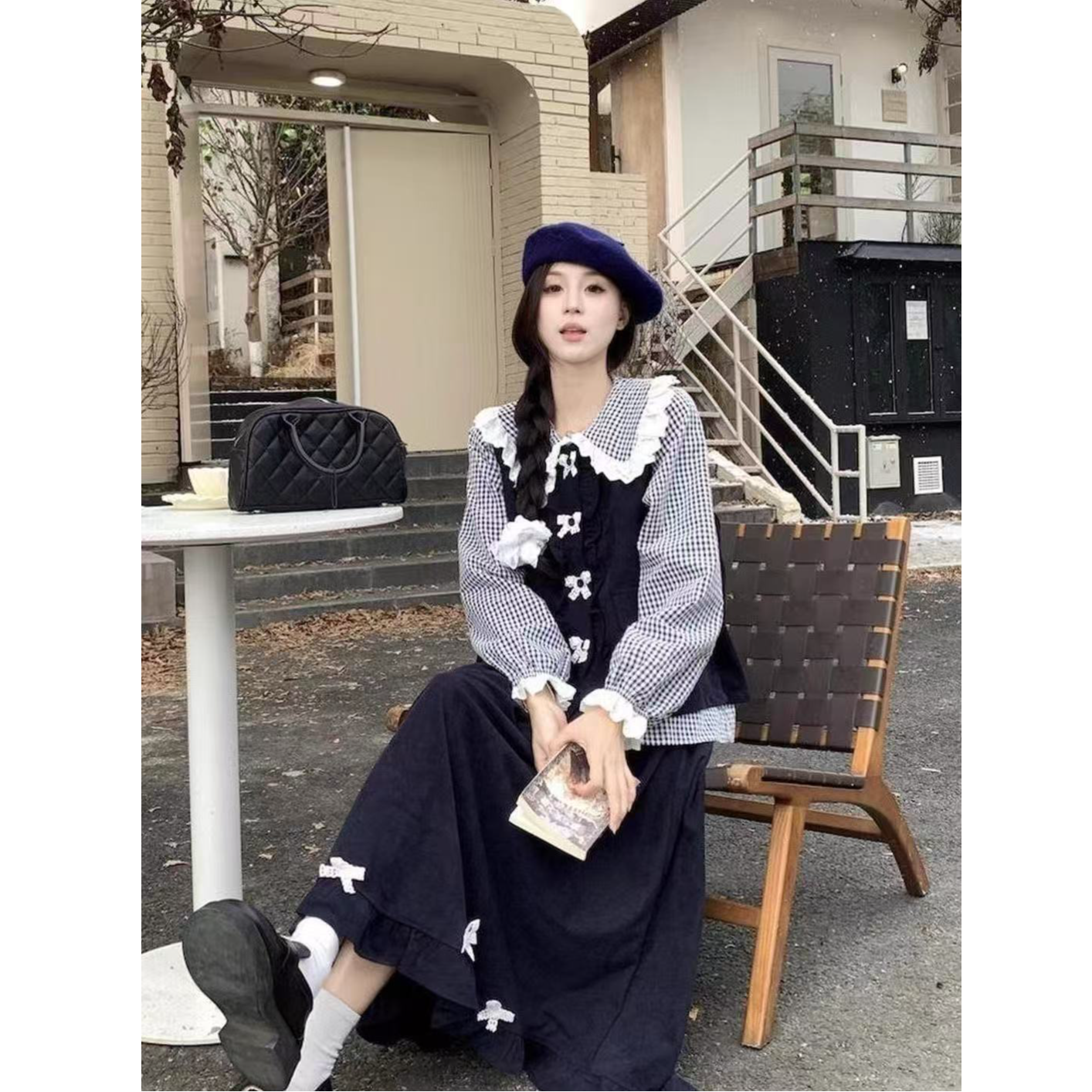 复古长袖女生韩系ins衣服娃娃领学院风秋装日系胖mm少女穿搭套装