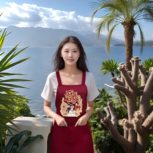 加厚喜庆围裙套装酒红色喜宴婚庆围腰定制结婚新娘嫁妆批发印字
