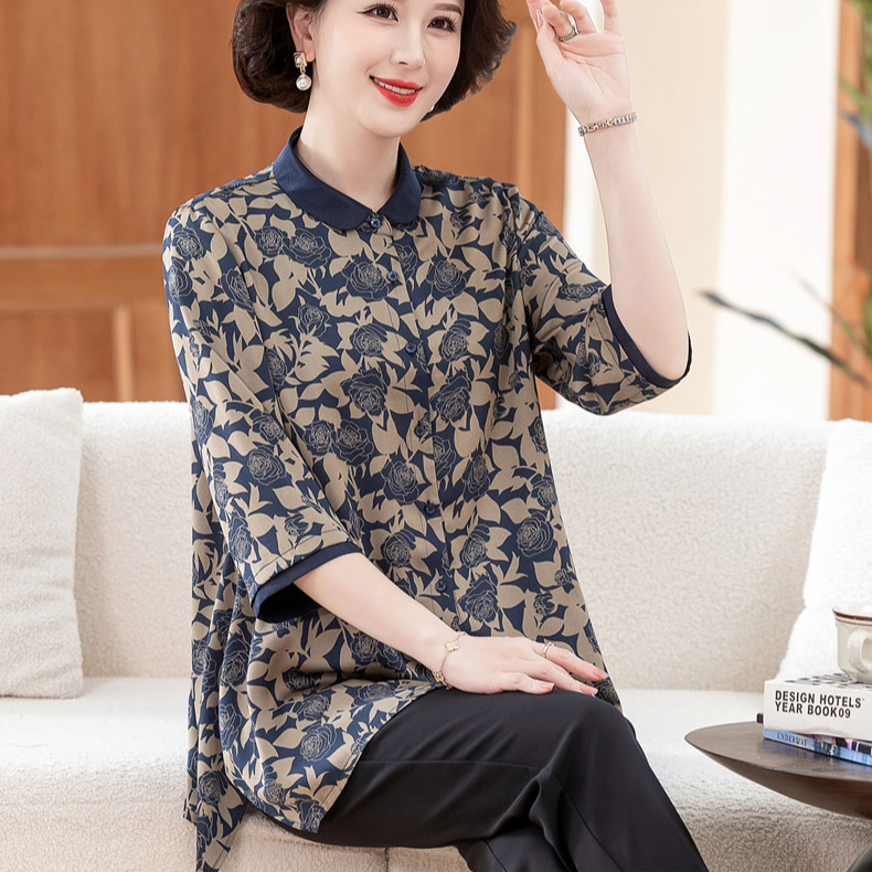 中老年女装春装衬衫老年女装妈妈夏装衬衣七分袖高贵春中长上衣