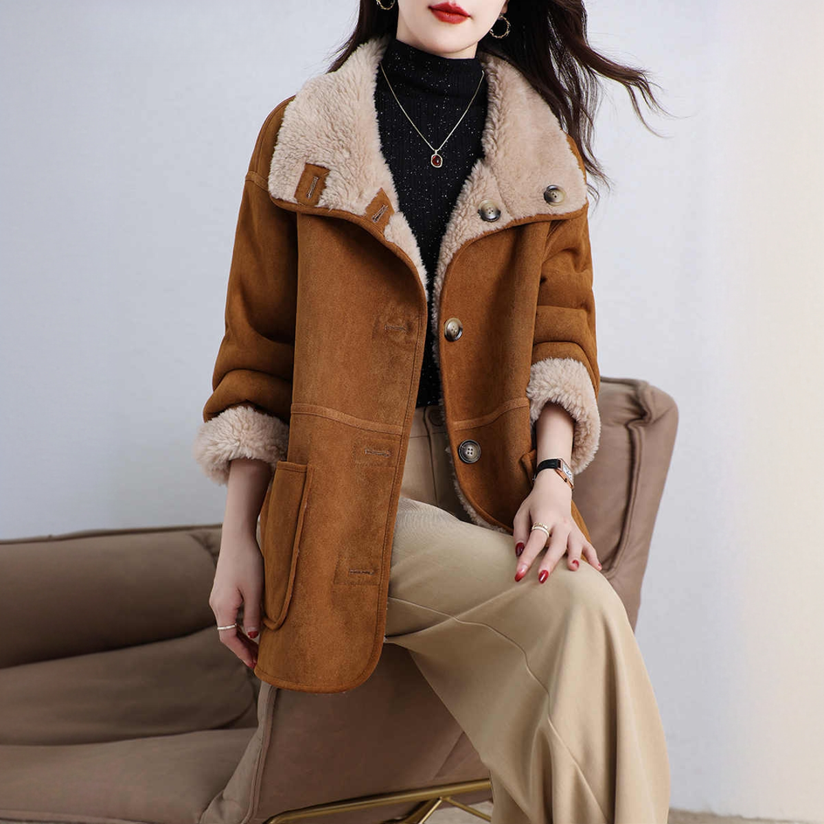 海宁颗粒绒皮草外套女两面穿中长款一体保暖时尚纯羊羔毛大衣冬季