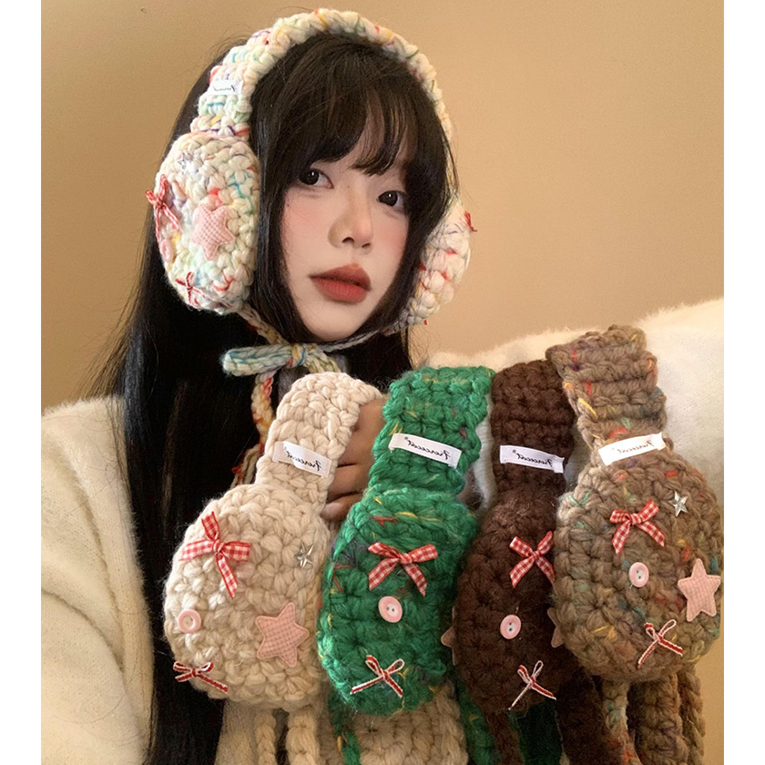 民族风蝴蝶结针织毛线耳罩女冬季保暖防寒护耳套护耳暖耳包耳捂子