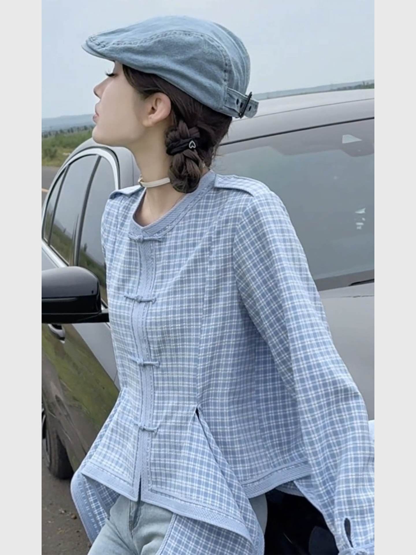 蓝色格子盘扣衬衫女2025秋季巨好看小衫新中式国风不规则唐装上衣