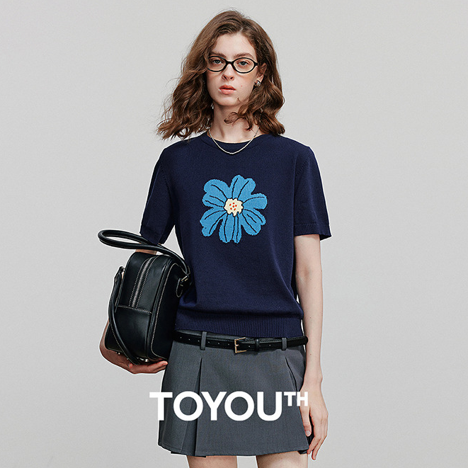 初语绿绒蒿提花针织衫女夏季植物系短袖小衫上衣8523068