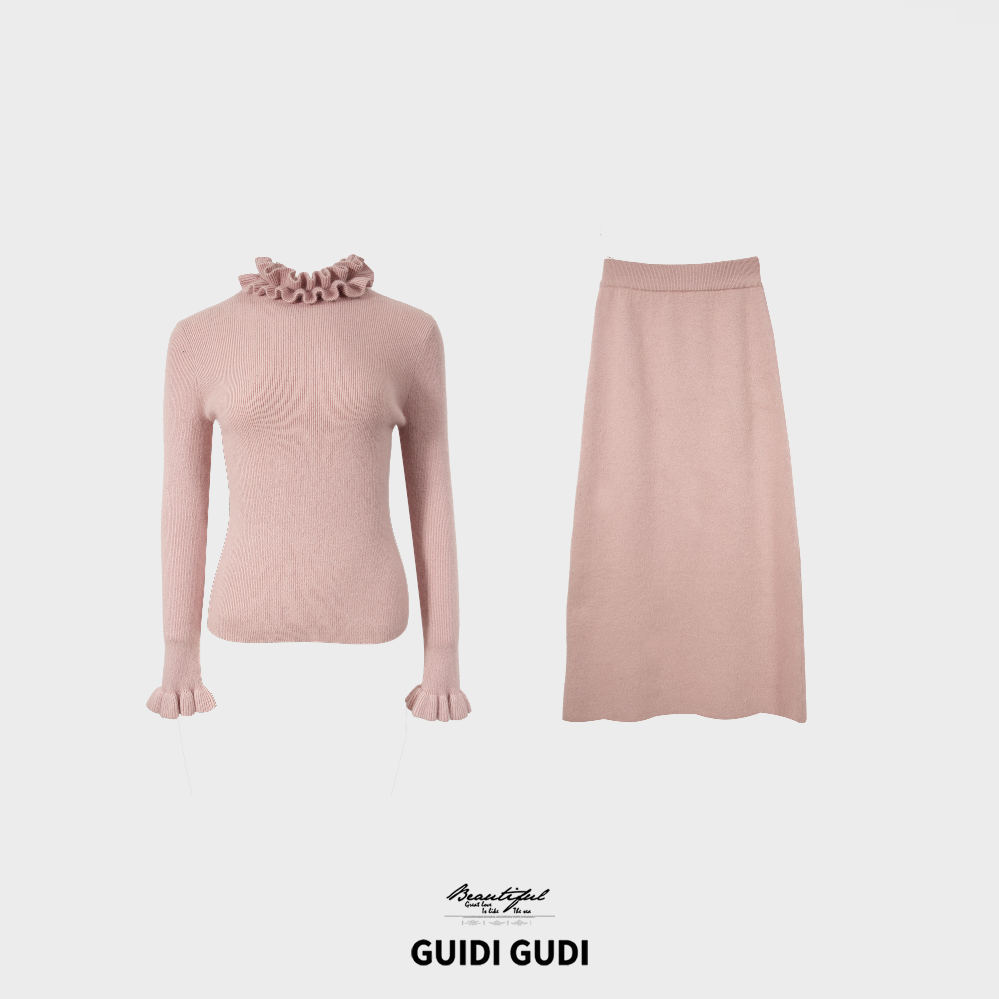 GUIDI GUDI【冬日粉巧】兔毛羊毛混纱花苞领毛衣女人味半裙套装