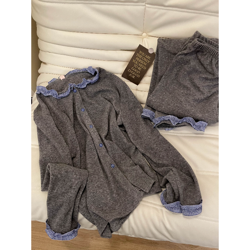 花边格子荷叶爆款新款德绒睡衣女套装爆款网红长袖加厚保暖家居服