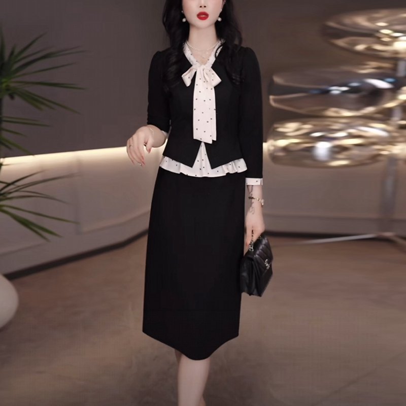 弹力精纺气质轻奢高级感女装2025秋季新款时尚假两件显瘦连衣裙子