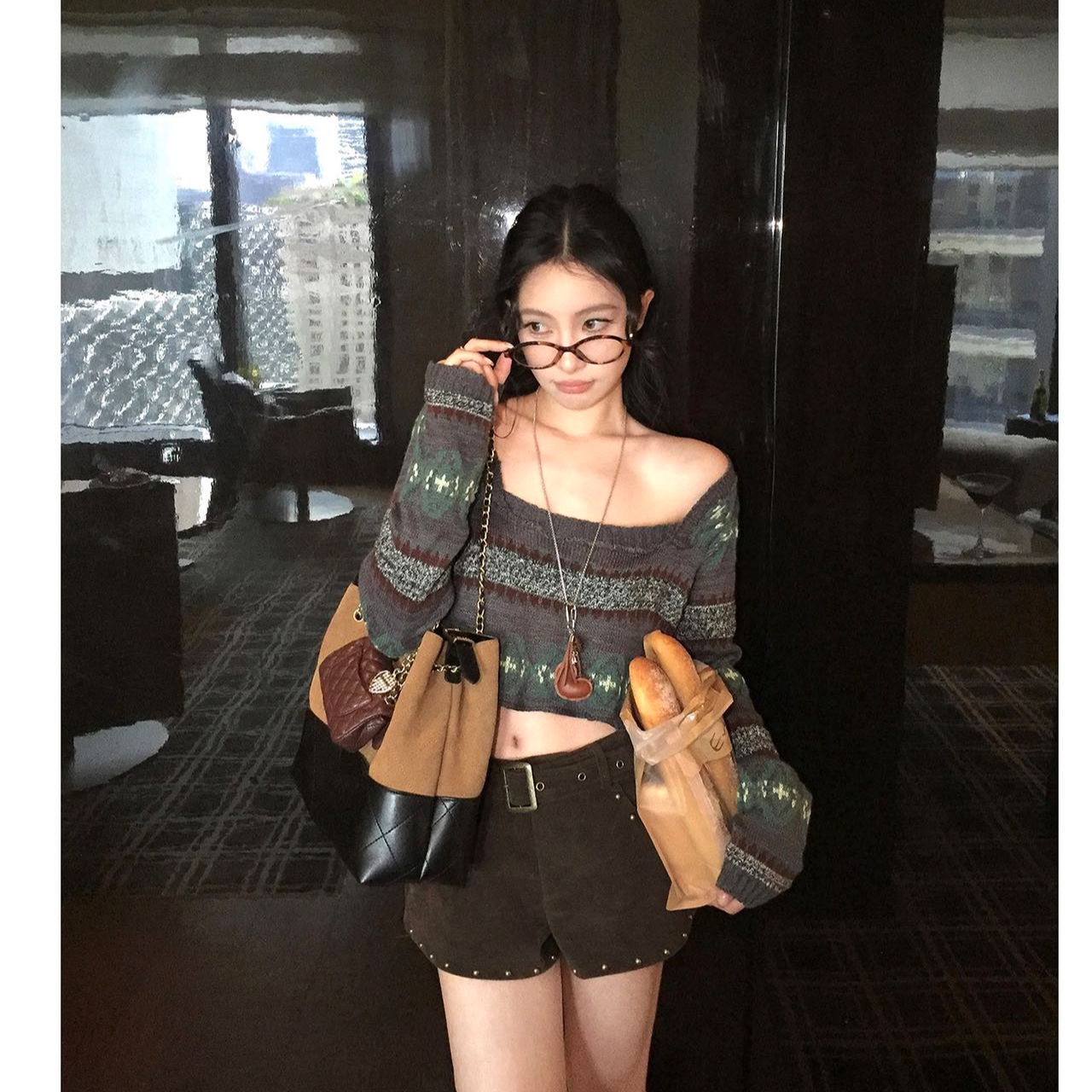 美式复古撞色方领短款毛衣女2025早秋新款设计感针织衫长袖上衣
