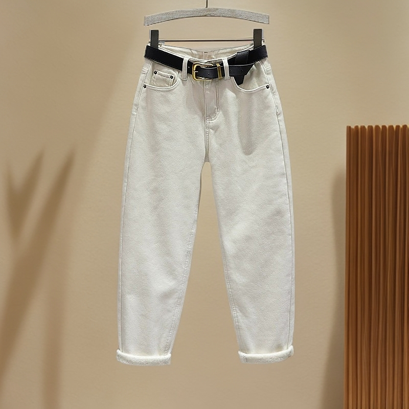 米白色显瘦牛仔裤女2024秋冬加绒爆款新款高腰哈伦裤宽松老爹裤子