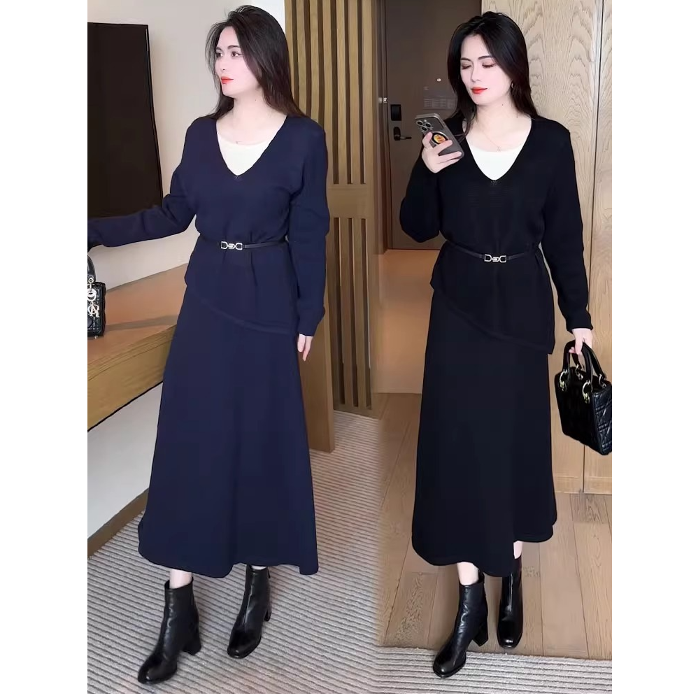 时尚针织套装裙女2025秋季新款时髦洋气假两件上衣半身裙两件套裙