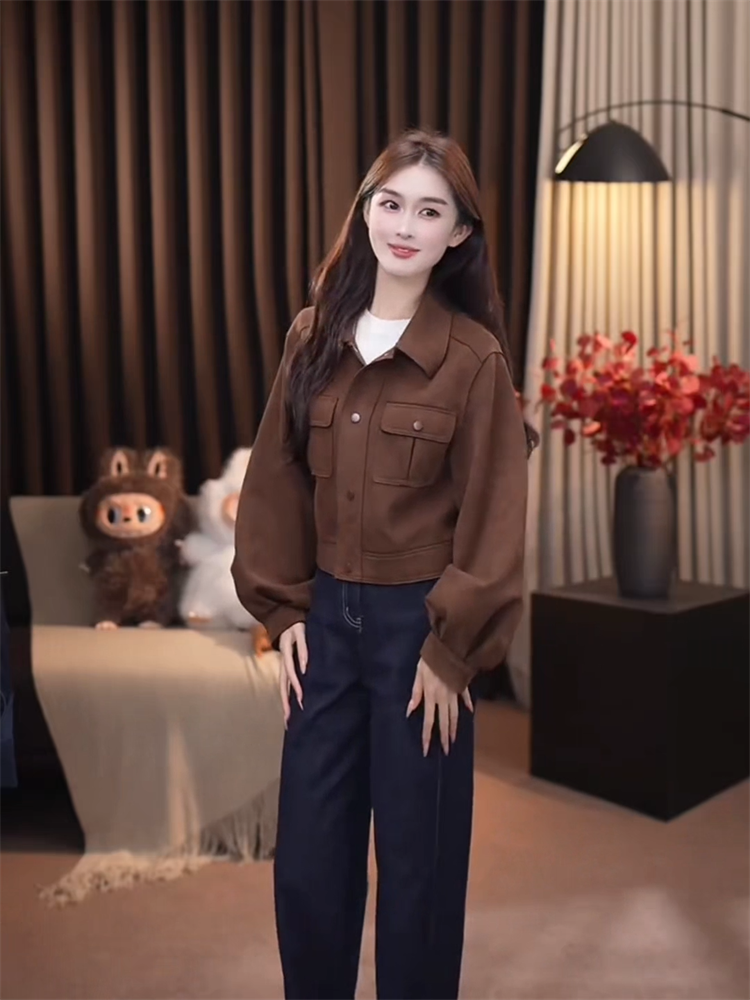 短款翻领麂皮绒外套女2025春季新款小个子时尚百搭休闲夹克上衣潮