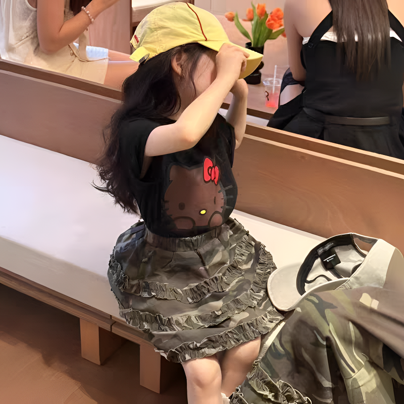 女童夏季洋气时尚印花韩版套装卡通上衣+迷彩裙女孩子夏款两件套